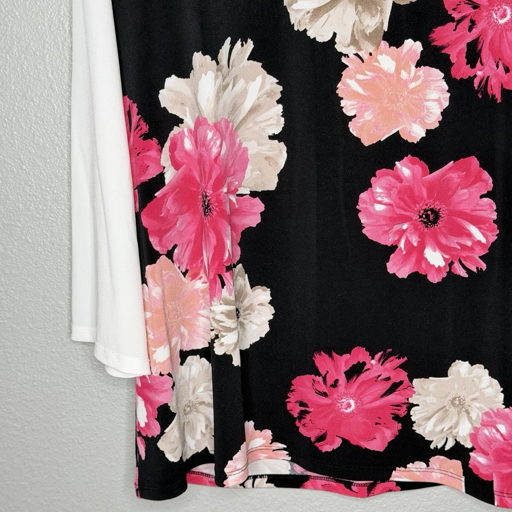 Calvin Klein Black Floral Top White Contrast Panels Gold Zip Stretch Blouse L‎ - Picture 6 of 10